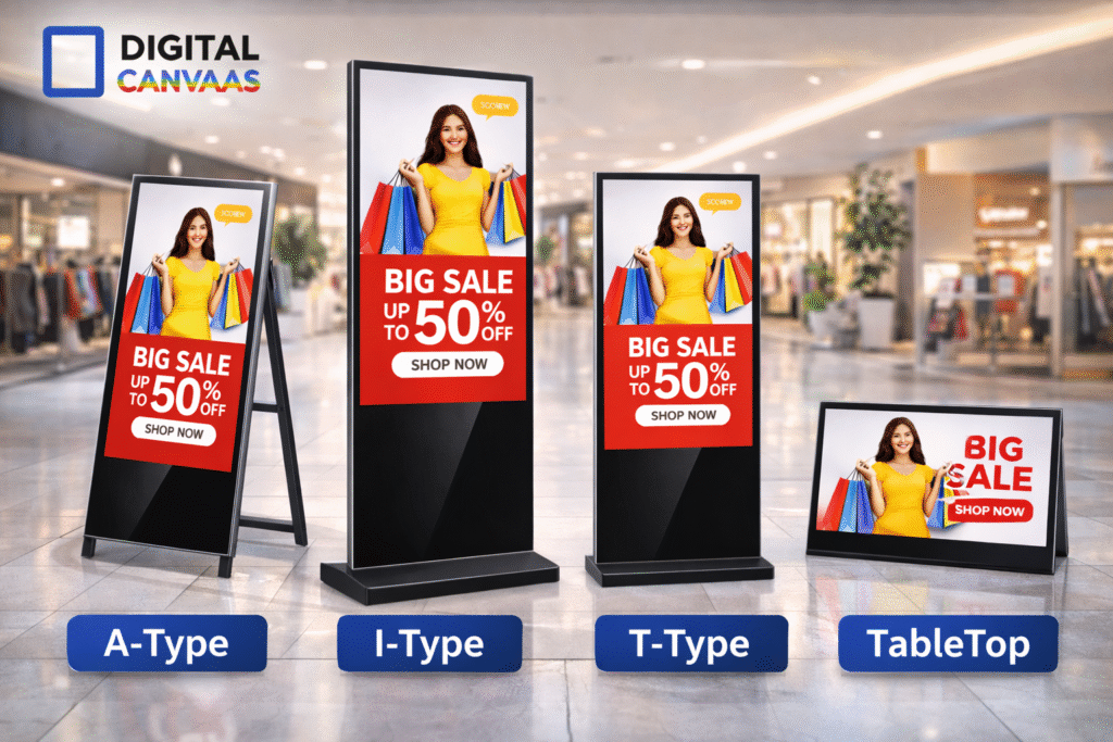 Different Shape, size & Models in Digital standees or Digital Signage promoting big sale